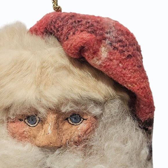 Vtg 7" Paper Mache Santa Face Ornament Wool Beard Rabbit Fur Trim Fabric Hat - Picture 4 of 10